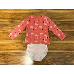 Hanna Andersson Flamingo Rashguard & RuffleButts Pink Seersucker Bottoms, Size 3